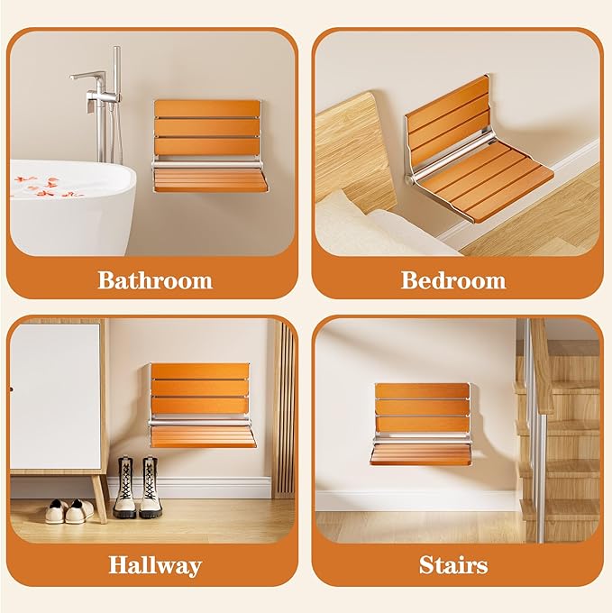 Folding Shower Seat Wall Mounted, 15" Folding Shower Bench for Elderly, Disabled, Pregnant, Foldable Shower Chair for Small Bathroom, 400 lbs Capacity, Space-Saving Design - Teak