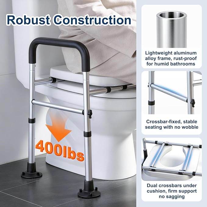 Adjustable Raised Toilet Seat with Handles for Seniors, 400lbs Capacity Elongated Toilet Seat Riser, Elevated Toilet Seat with Soft Cushion & Removable Armrests