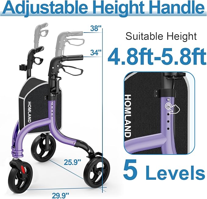 HOMLAND 3 Wheel Walkers for Seniors, Foldable Wheeled Rollator with Cane Hold and Cup Hold, Lightweight Three Wheel Rolling Walker Height Adjustable for Seniors