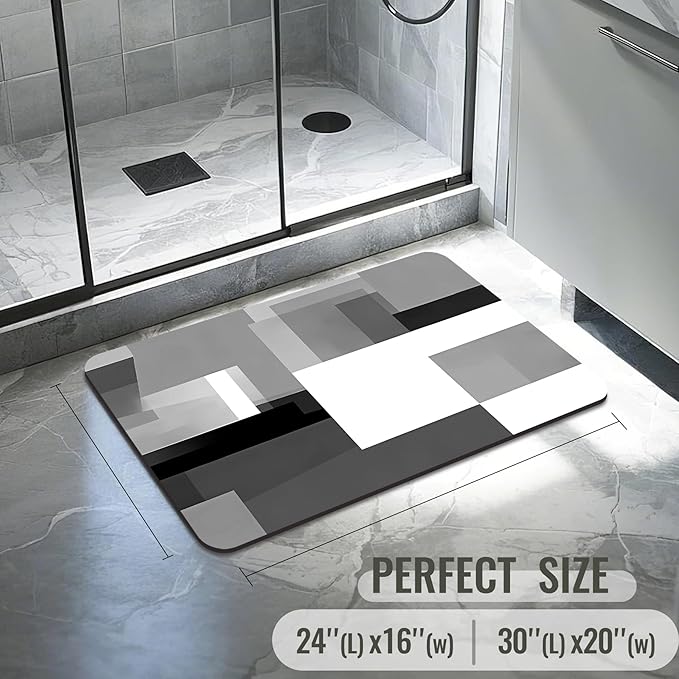 Quick Dry Bath Mat for Bathroom,Super Absorbent Black and Gray Welcome Bath Rug Non-Slip Rubber,Machine Washable Bathroom Floor Mat for Shower, Tub, Sink Area Abstract Art Painting 16x24