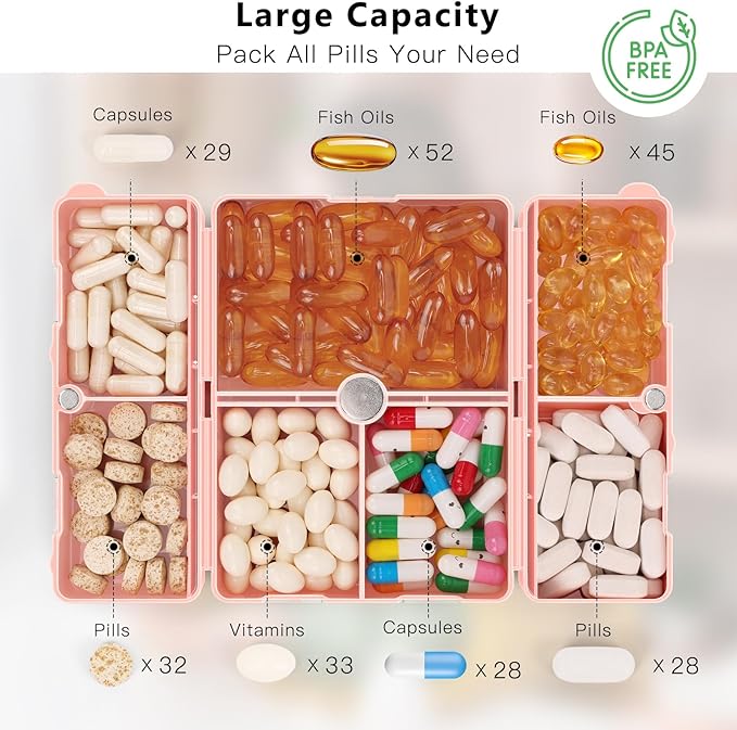 FYY Daily Pill Organizer,2 Pcs 7 Compartments Portable Pill Case Travel,Folding Design Pill Box for Purse Pocket to Hold Vitamins,Cod Liver Oil,Supplements and Medication-Pink
