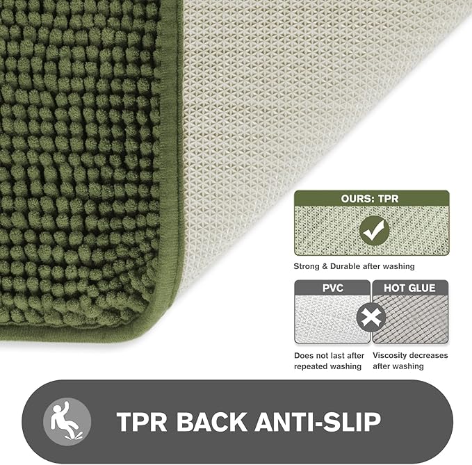 Sage Bathroom Rugs Sets 2 Piece – Absorbent and Washable Bath Mat, Non-Slip, Thick Soft Chenille Bath Rugs for Bathroom Floor, Shower, Sink - 20" x 32"+24" x 36"