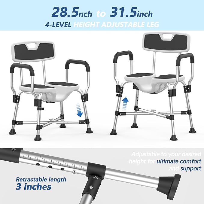 Heavy Duty Shower Chair for Inside Shower 450lb U-shape Shower Seat with Arm and Back for Elderly and Disabled Adjustable Height Medical Bathtub Stool Private Clean for Women Seniors Handicap