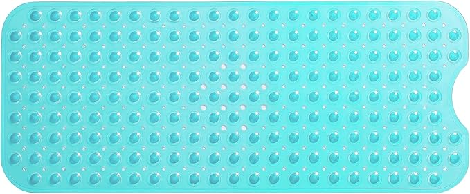 Extra-Long Non-Slip Bathtub & Shower Mat 39”x16” (Smooth/Non-Textured Tubs Only) Safe, Clean, Machine-Washable, Superior Grip&Drainage, Vinyl, Transparent Turquoise (Green-Blue)