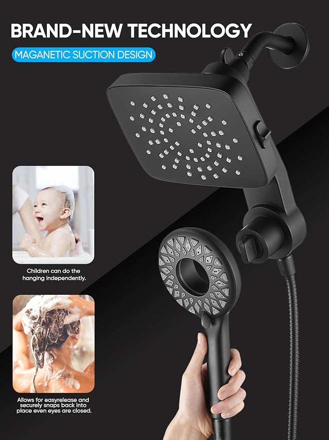 Cobbe Dual Shower Head with Magnetic Handheld, High Pressure Rain Shower Combo 2-in-1 Fixed & Detachable, Multiple Spray Modes, Built-in Magnet Dock 6ft Hose, Matte Black