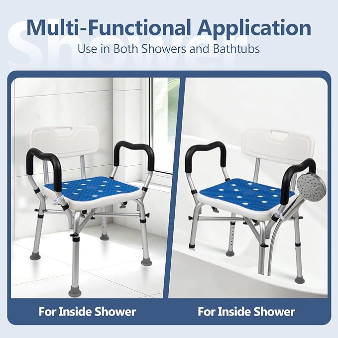 Shower Chair for Inside Shower 500lbs - Bariatric Shower Seat with Arms & Back, 6 Height Adjustment & Reinforced Crossbars for Elderly/Disabled Adults, Blue