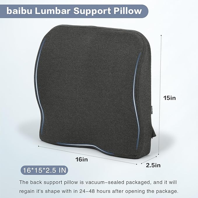 baibu Lumbar Support Pillow for Office Chair, Memory Foam Back Support Cushions Ergonomic Orthopedic Lumbar Pillow for Home, Office, Car, Dark Grey