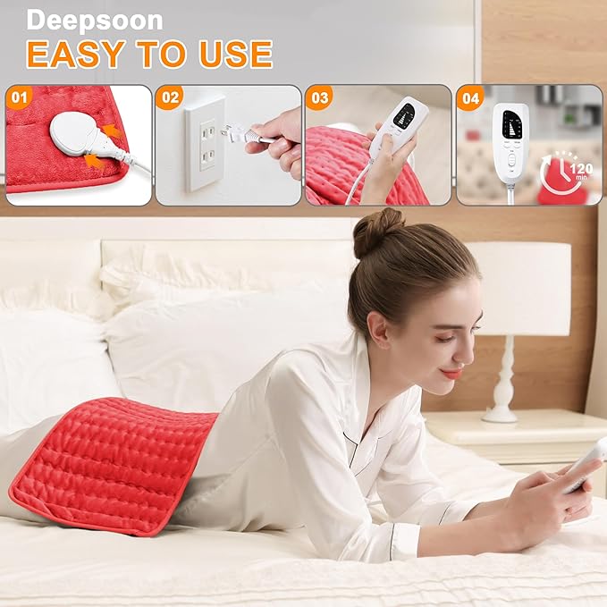 Deepsoon Heating Pad,Electric Heating Pads for Back,Neck,Moist Heating Pad for Abdomen Shoulder Knee Legs,Dry/Moist Heat&Auto Shut Off,Mother's Day Birthday for Men and Women,Red,24x12 Inch