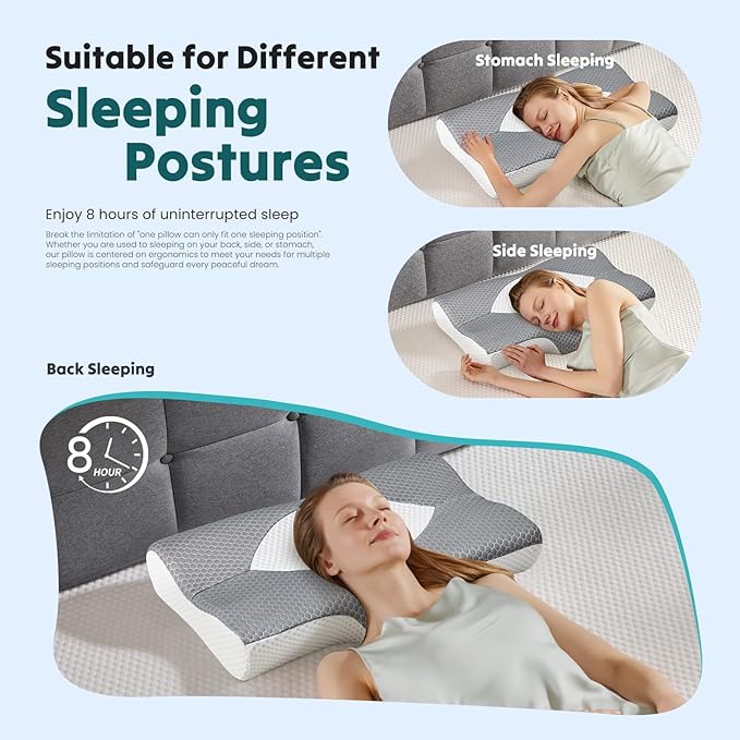 DUMOS Cervical Neck Pillow for Sleeping, Cooling Ergonomic Memory Foam Pillow with Arm Rest Slot and Ice Silk Pillowcase, Dual Height Orthopedic Support Contour for Side, Back, Stomach Sleepers