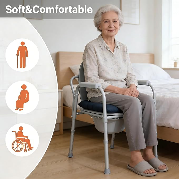 Bedside Commode Cushion, Washable Toilet Seat Cushion for Seniors, Padded PU Cover with Fixing Straps for Commode Chair 16.5" X 16.5", Portable Soft Toilet Seat Cushion for Elderly Adults (Blue)