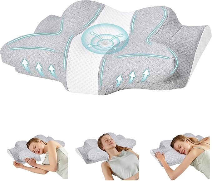 DUMOS Cervical Neck Pillow for Sleeping, Cooling Ergonomic Memory Foam Pillow with Arm Rest Slot and Ice Silk Pillowcase, Dual Height Orthopedic Support Contour for Side, Back, Stomach Sleepers
