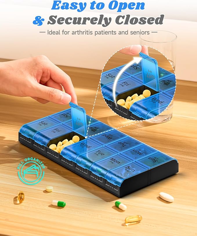 Extra Large Pill Organizer 2 Times a Day, Weekly XL AM PM Pill Case, 7 Day Pill Box Twice a Day, Oversized Daily Medicine Organizer for Vitamins (Blue)