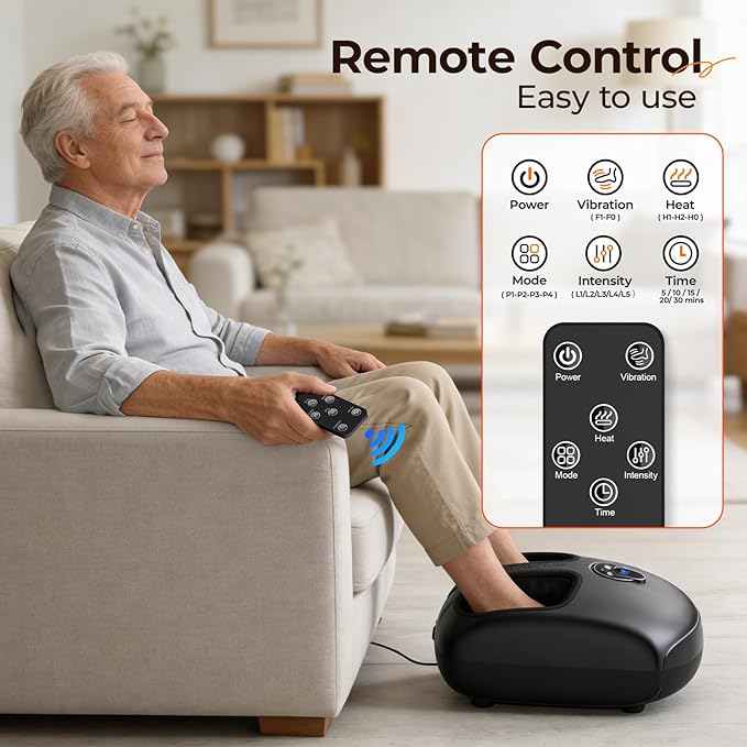 Foot Massager with Heat, Shiatsu Deep Kneading Electric Foot Massager with Remote, 4 Modes & Vibration & Compression & Roller for Feet Relief, Fits Men's Size 13, Gift for Women Men Mother's Day