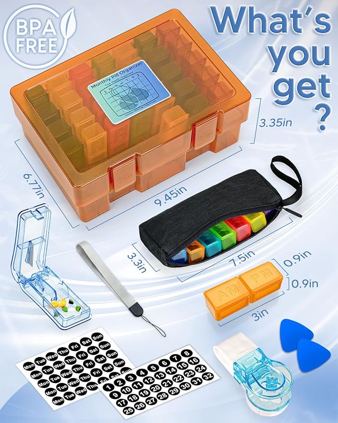 Monthly Pill Organizer 2 Times a Day – Yonlog Large Medicine Box with Weekly Travel Bag, Pill Cutter, Easy-Open Pick, Pill Taker Tool, and 2 Medication Stickers (Tea, 2 Times a Day)