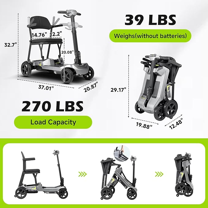 SCOOTNGO Mobility Scooters for Seniors, 4 Wheel Foldable Lightweight Airline Approved Mobility Scooter for Adults, Dual Batteries, Portable, No Assembly Needed (Silver Grey, with Folding Trailer)