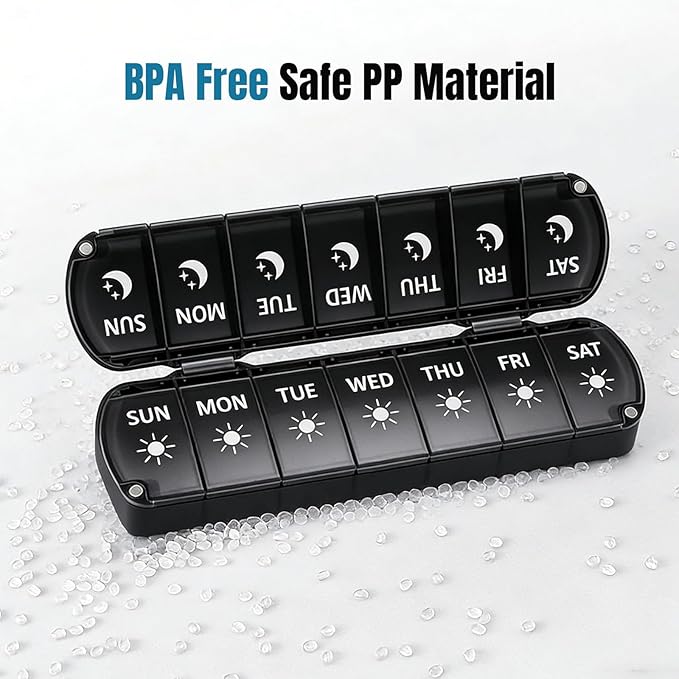 Weekly Pill Organizer 2 Times a Day, Magnetic Foldable AM PM Pill Box with Dual Protection, Large Travel Medication Case for Vitamins, Fish Oils, Supplements (Black)
