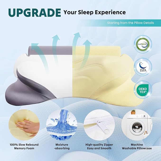 DUMOS Cervical Neck Pillow for Sleeping, Cooling Ergonomic Memory Foam Pillow with Arm Rest Slot and Ice Silk Pillowcase, Dual Height Orthopedic Support Contour for Side, Back, Stomach Sleepers