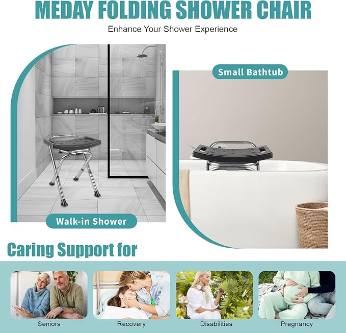 Folding Shower Chair Seat,Height Adjustable Shower Chair Seat,Stainless Eligible Shower Chair for Inside Shower,400lbs Portable Travel Shower Stool,Safety Anti-Slip Bath Chair for Seniors(Black)