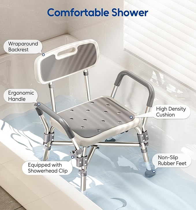 Bluelog Shower Chair with Arms and Back, 550lbs Heavy Duty, Height Adjustable, Bathtub Shower Seat Bench Stool for Inside Shower for Elderly & Disabled, Rectangular