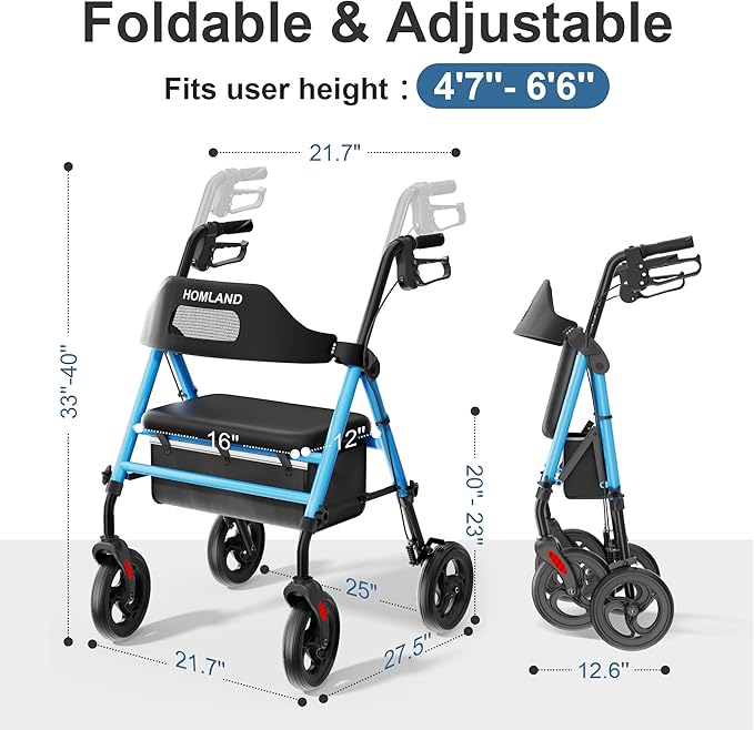 HOMLAND Foldable Rollator Walkers with Seat for Seniors, 8'' Big Wheels, 350 lb. Weight Capacity, Adjustable Handles and Seat Height, Lightweight Rolling Walker, Light Blue