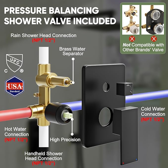 Kurpot Black Shower System, Wall Mounted Shower Faucet Set with Valve, 10-Inch Rainfall Shower Head with Handheld Combo Spray, 59'' Long Shower Hose and Shower Trim Kit, Matte Black