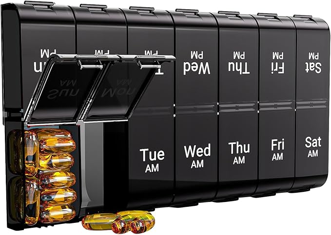 7 Day Extra Large Pill Organizer 2 Times a Day, Weekly Pill Box Twice a Day, XL AM PM Pill Case, Oversized Daily Medicine Organizer for Vitamin, Big Pill Container (Black)