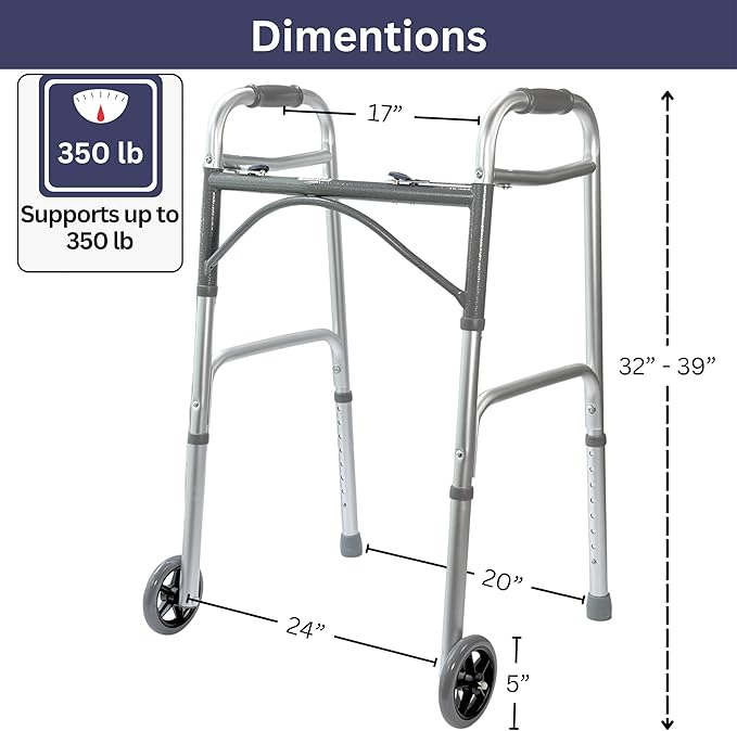 Foldable Lightweight Walker with 2 Wheels, Includes Ski Glides - Folding Design Ideal for Seniors and Elderly Adults - Adjustable for Tall Men and Women - Standing Handicap Mobility Aids