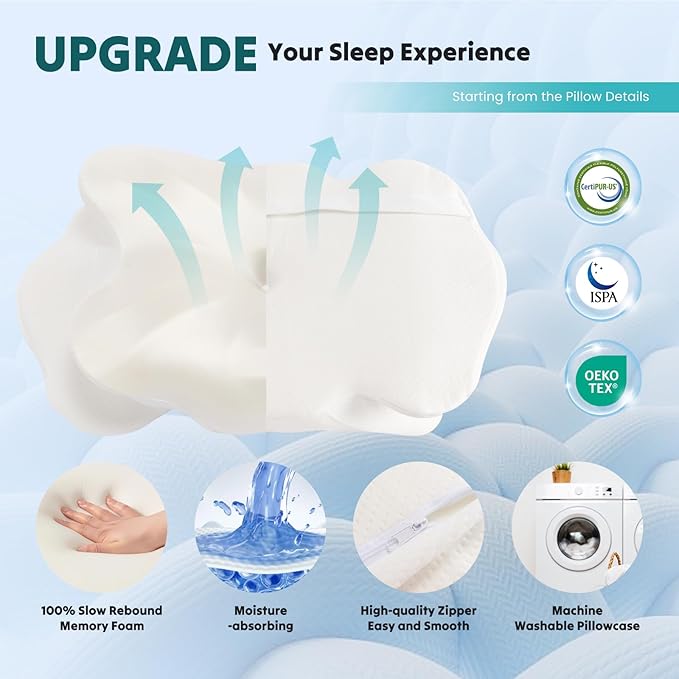DUMOS Cervical Pillow for Neck and Shoulder, Contour Memory Foam Pillow, Ergonomic Neck Support Pillow for Side Back Stomach Sleepers with Pillowcase