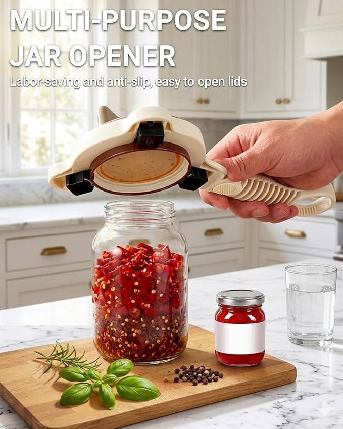 Jar Opener, 4-in-1 Adjustable Jar Openers for Seniors Arthritis Sufferers and Weak Hands, Stainless Steel Can Opener for Jars, Cans, Bottles, Beer Caps, Easy Grip Kitchen Tool (Beige)