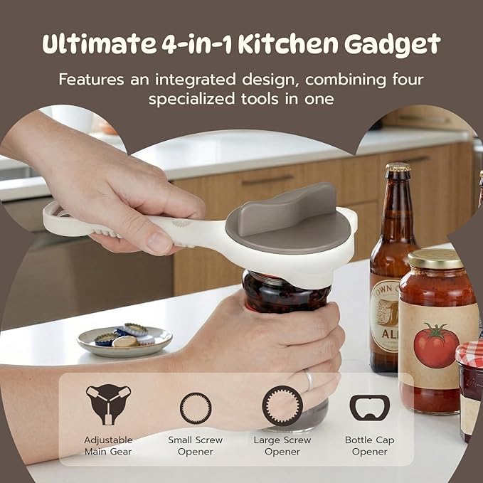 Mcbazel 4-in-1 Adjustable Jar Opener for Seniors with Weak Hands, Lightweight ABS & Stainless Steel Teeth Bottle Opener, Multi-Functional Lid Remover for 0.6"-3.5" Caps & Beer Bottles