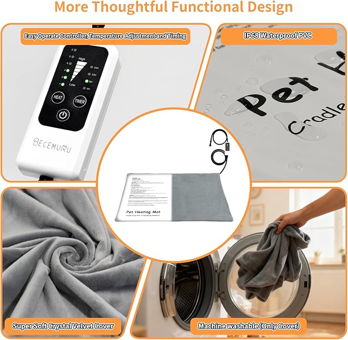 BECEMURU Pet Heating Pad for Dogs & Cats, 18x16 in, Waterproof Heated Bed with 6-Temp & Timer, Chew-Resistant Cord Electric Warm Bed for Senior Pets, Soothing Pain Relief for Arthritis