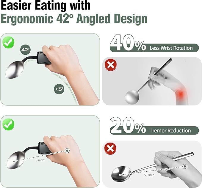 Adaptive Utensils Set, 4-Piece Weighted Utensils with 2 Elastic Strap for Parkinson’s, Arthritis and Hand Tremors, Non-Slip Handles for Easy Grip & Independence, Right Handed