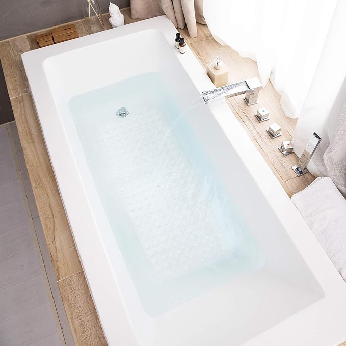 TEESHLY Bath Tub and Shower Mats, Non-Slip 39 x 16 Inch Extra Long Bathtub Mat, Machine Washable BathMat with Drain Holes, Suction Cups for Bathroom (Opaque White)