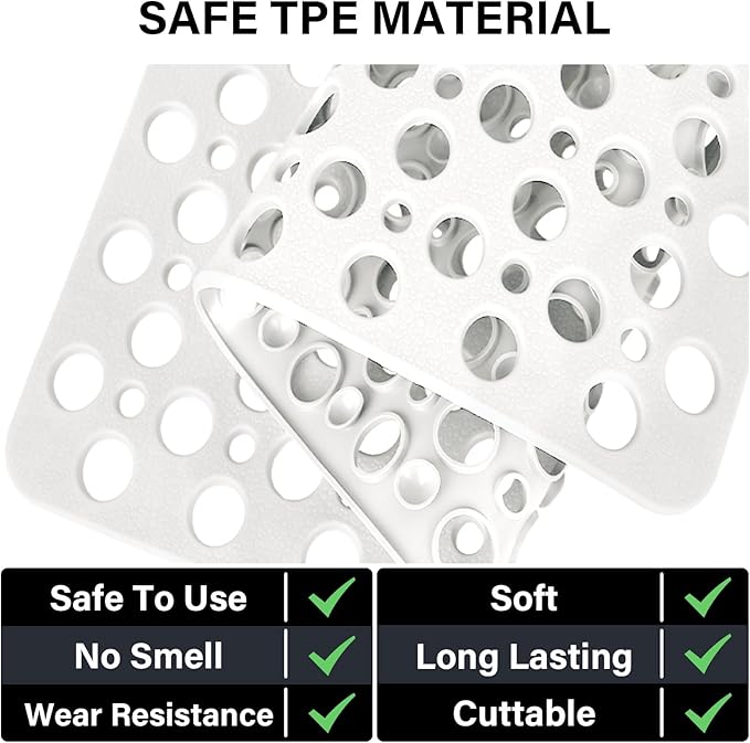 Square Shower Mat Non Slip, 27" x 27" Large Shower Mats for Inside Shower, Soft TPE Shower Floor Mat with Suction Cups and Big Drain Holes, Anti Slip Shower Stall Matt, White