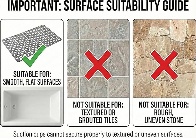 Nonslip Bath Tub Shower Mat with Suction Cups, Extra Soft TPE Bath Mat for Kids, Bathtub Bathroom Mats, Machine Washable, Smooth/Non-Textured Tubs Only, 30L x 17W Inch (Light Gray)