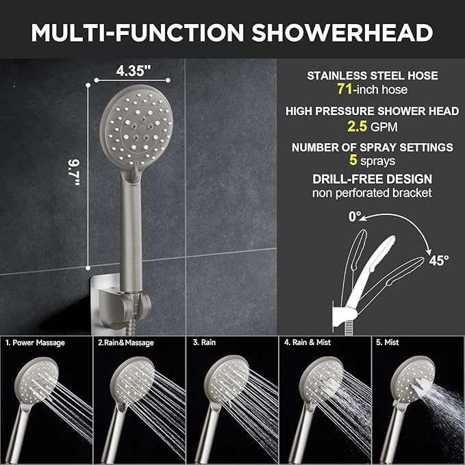 Veken 11.8" Rain Shower Head with Handheld, High Pressure Handheld Shower Heads with Multi Spray Modes,Rainfall Combo with 15" Metal Extension Arm,Detachable Dual Shower,Long 6 ft. Hose,Brushed Nickel