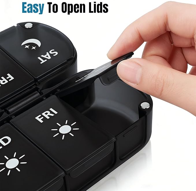 Weekly Pill Organizer 2 Times a Day, Magnetic Foldable AM PM Pill Box with Dual Protection, Large Travel Medication Case for Vitamins, Fish Oils, Supplements (Black)