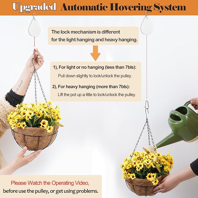 WROSWT Upgraded Retractable Plant Hanger,Plant Pulleys for Hanging Plants,Easy to Raise and Lower,Auto Lock,Heavy Duty, Adjustable Hook for Flower Pots,Birds Feeder (1 Pack,White)