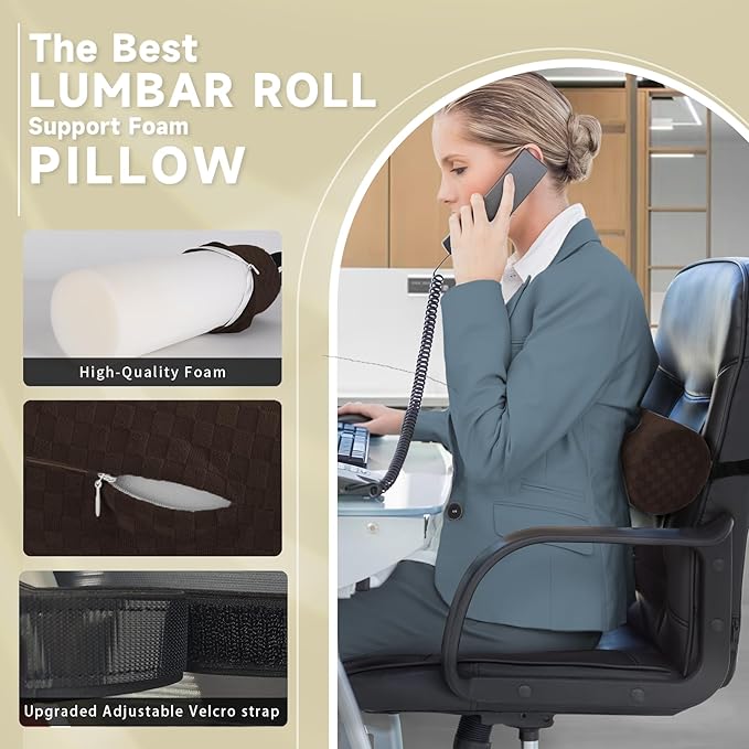 Lumbar Roll Pillow for Lower Back, Lumbar Support Foam Roll Cushion with Pillowcase and Upgraded Strap for Office, Chair, Car, Seat Pain Relief & Improving Posture (Dark Brown, Long-15 * 4.3'')