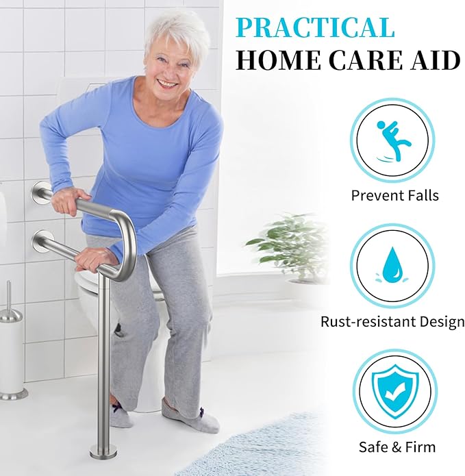 Toilet Support Rail 31.3X 31.5 Inch, Munzong Anti-Slip Satin Brushed Nickel Handicap Grab Bar for Bathroom, Stainless Steel Knurled Safety handrails with Leg for Elderly Disabled Pregnant-1.25’Tube