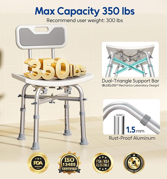 Bluelog Shower Chair with Back for Elderly and Disabled, Shower Seat Bench Stool, Adjustable Height, 350 lbs Capacity, Rectangular