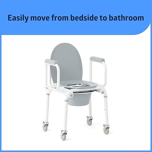 Medline Aluminum Drop-Arm Bathroom Chair Commode with 4 Locking Casters, 300 lbs. Capacity, for Restroom, Elderly, Adults, Bariatric & Wheelchair Transfer to Toilet