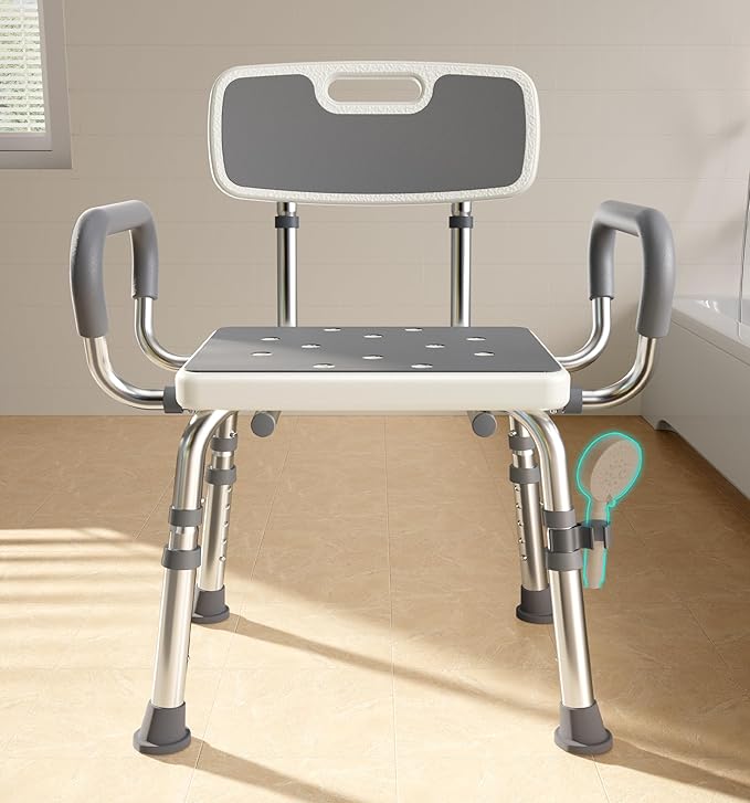 Bluelog Shower Chair for Inside Shower with Arms and Back, 500lbs Capacity Height Adjustable Shower Seat with Thickened Frame for Seniors, Elderly and Disabled