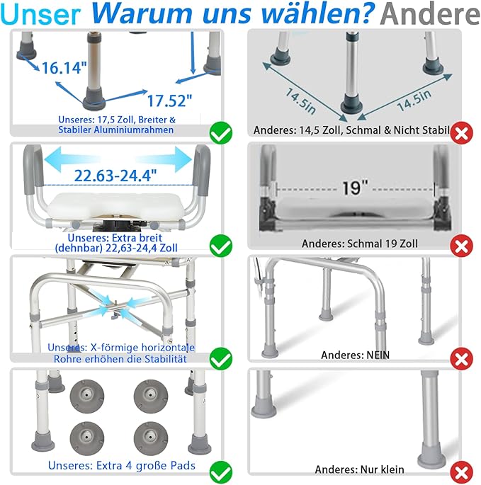 U 2-Level Width Adjustable 360° Heavy Duty Swivel Shower Chair for Inside Shower and Tub w/Reinforced X-Bar, 550lb Shower Seat for Bathtub w/Arms and Back for Seniors, Handicap, Elderly and Disabled