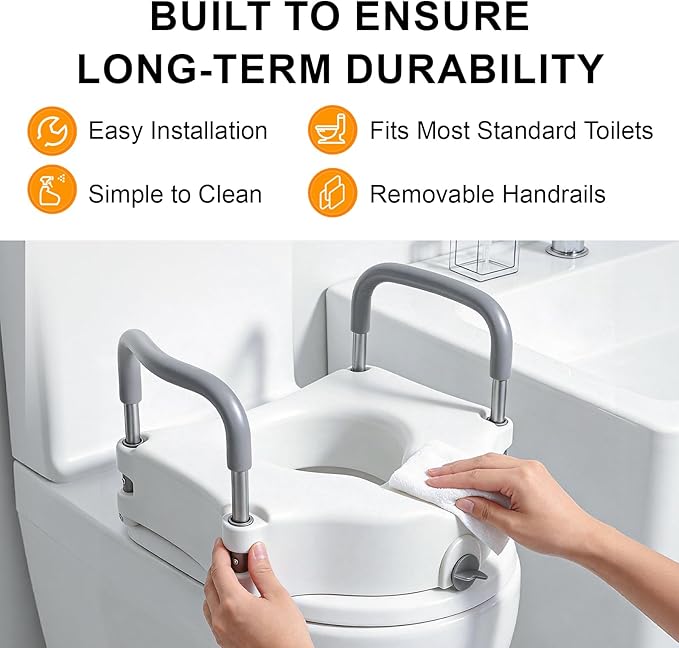Raised Toilet Seat with Handles, Toilet Seat Riser for Seniors with Adjustable Height & Width, Cozy Padded, 300lb Capacity, Handicap Toilet Seat for Elderly