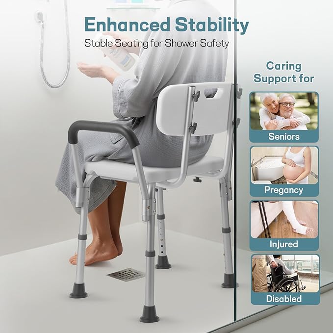 TABEKE Shower Chair for Inside Shower, Shower Chair with Backrest & Armrest, Anti-Slip Feet, Height Adjustable Shower Bench, Shower Seat for Elderly and Disabled-400lb