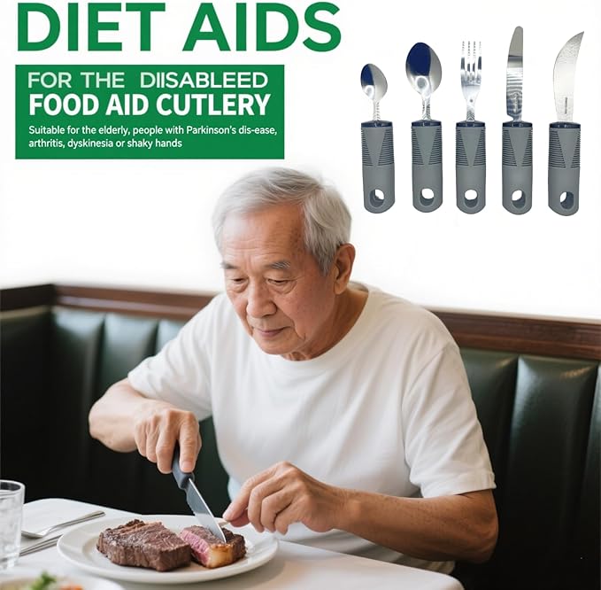 Adaptive Utensils 5 Piece Set Weighted Utensils for Hand Tremors Easy Grip Parkinsons Utensils Extra Wide Handles Built up Utensils for Adults with Knife Fork Spoon for Disabled Arthritis People（Grey）