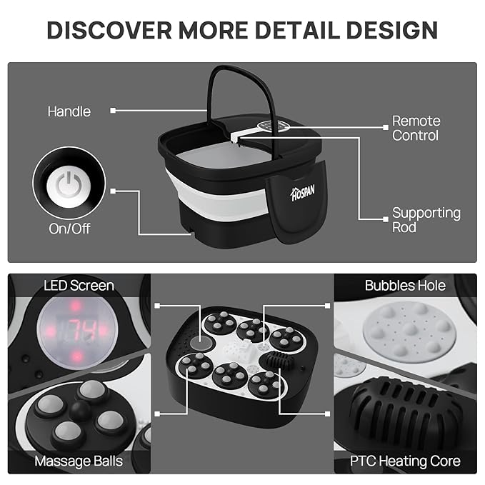 HOSPAN Collapsible Foot Spa Electric Rotary Massage, Foot Bath with Heat, Bubble, Remote, and 24 Motorized Shiatsu Massage Balls. Pedicure Foot Spa for Feet Stress Relief