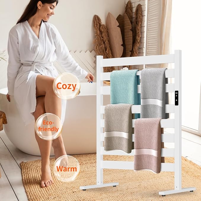 Verida Towel Warmer for Bathroom, Heated Towel Rack, Upgraded Extra-Wide Heating Area, Built-in Timer and Temperature Adjustment, Large Free-Standing Heated Towel Racks, White 8 Bar Large