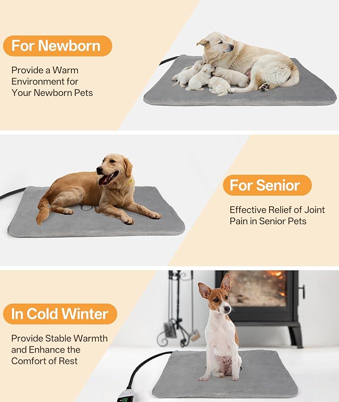 Ringco Pet Heating Pad for Cats & Small Dogs with 12 Adjustable Temperature, Waterproof & Chew Resistant Cat Heating Pad with Timer, Heated Cat Bed with Fleecy Cover (S: 20” x 16”)